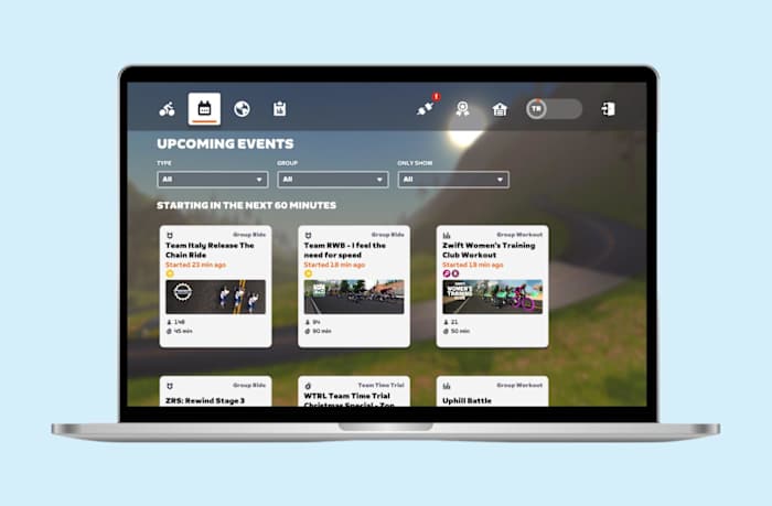 Screenshot of the Zwift upcoming events tab